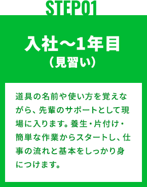 STEP1 入社〜1年目(見習い)道具の名前や使い方を覚えながら、先輩のサポートとして現場に入ります。養生・片付け・簡単な作業からスタートし、仕事の流れと基本をしっかり身につけます。